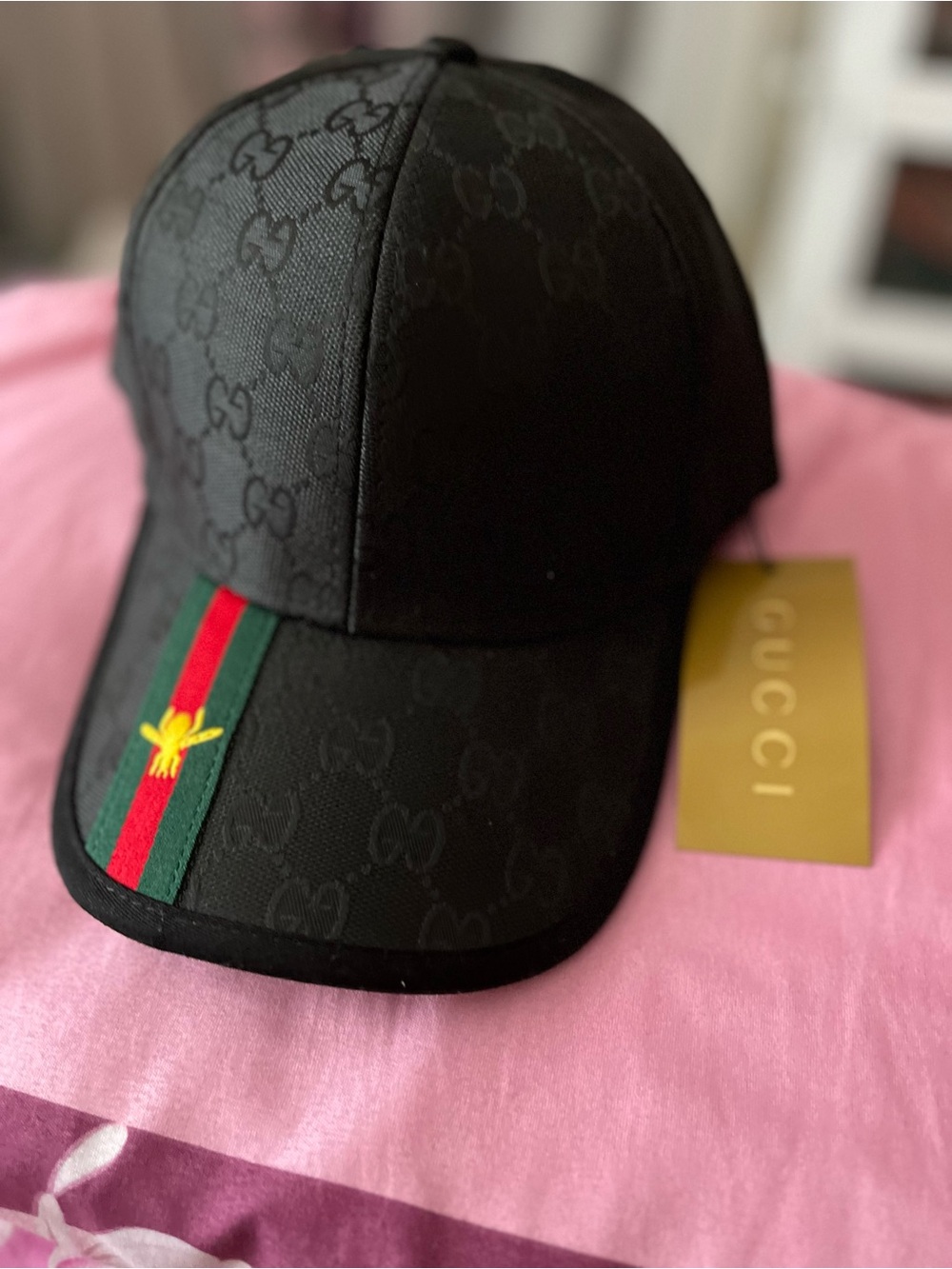 Gucci Black Monogram Baseball Cap with Green-Red Stripe and Gold Bee